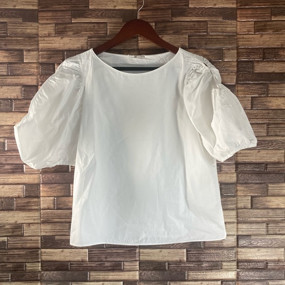 EUC Lafayette 148 Women's White Cutout Puff-Sleeve Poplin Shirt Size Medium - Picture 2 of 9